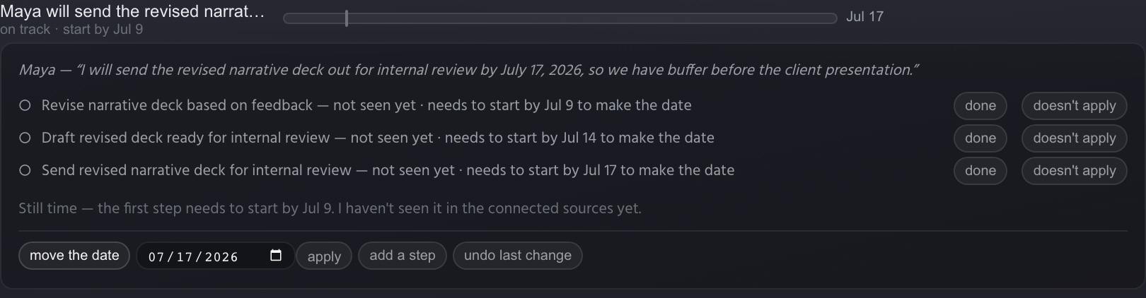 A worked-back plan with its editing controls — done and doesn't-apply on every step, the move-the-date editor open, add a step, and undo last change.